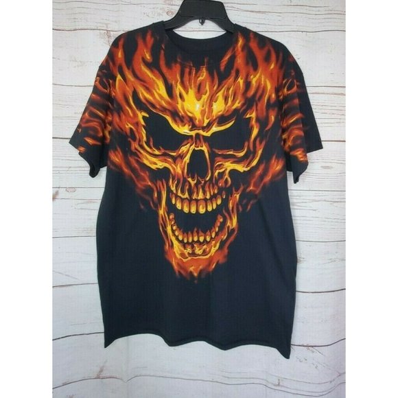Liquid Blue Flaming Skull Halloween Black Orange Flame PreShrunk Cotton T Shirt - Picture 4 of 10